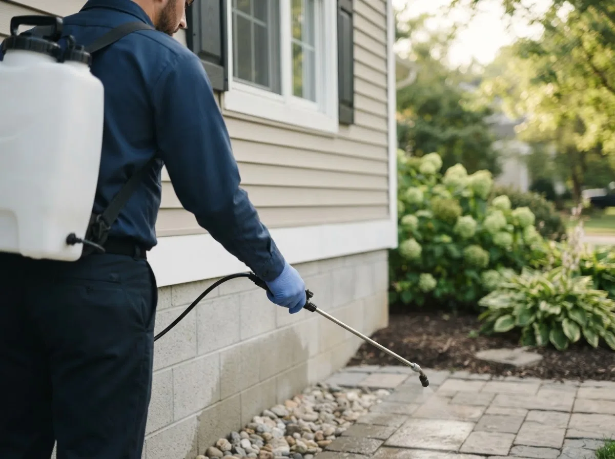 Pest control technician inspecting a home in Sumterville, FL